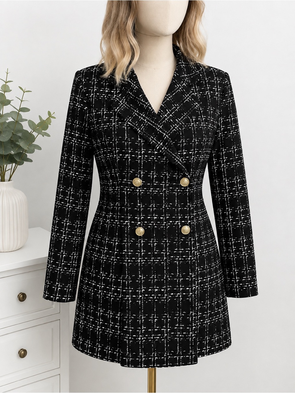 Black Tweed Button Front Fitted Jacket Stretch Office Casual